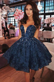 Unique A-Line Sweetheart Dark Blue Lace Short Homecoming Dresses with Beading OKA90