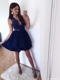 A Line V Neck Royal Blue Lace Appliques Short Homecoming Dress OKM77