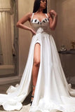 A-line Straps White Long Prom Dress With Slit Cheap Evening Dress OKT13