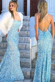 Mermaid Sky Blue Sequins Long Prom Dress OKR57