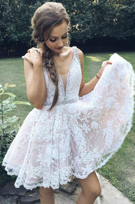 A Line V Neck Mini White Lace Homecoming Dress with Beading