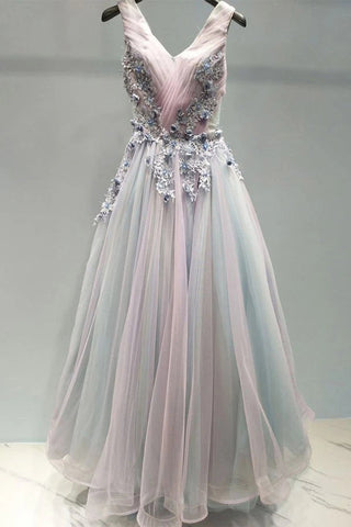 Appliques Long Prom Dress A-line V Neck Tulle Evening Dress OKU14