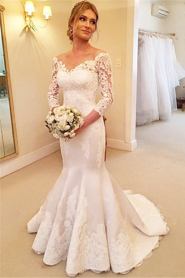 White Wedding Dresses,V-Neck Wedding Dress,3/4 Sleeves Wedding Gown,Mermaid Wedding Dresses,Lace Wedding Gown