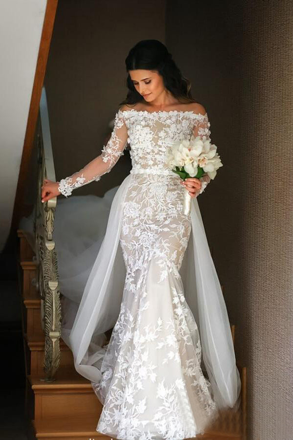 Off White Mermaid Lace Wedding Dress Off the Shoulder Bridal Dresses OKP79