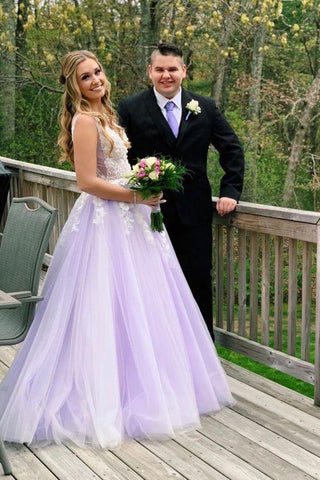 A Line Lilac Appliques V Neck Long Prom Dress Tulle Evening Formal Gowns OK1127