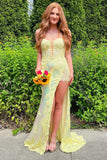 Yellow Sequins Plunge Neck Long Prom Dress with Slit Evening Party Dress OK1533