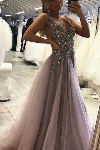 Sexy Side Split leeveless Tulle Evening Dress,Long Beading A Line Prom Dress OK429