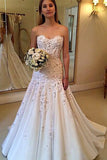 Charming Sweetheart Sweep Train A Line Long Wedding Dresses with Lace Appliques OKB10