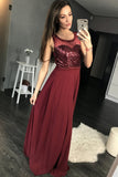 Charming Burgundy Sequins A Line Sleeveless Chiffon Long Prom Dresses OK861