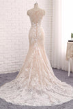 Unique Mermaid White Sleeveless Prom Dresses,Lace Long Sweep Train Wedding Dress OK636
