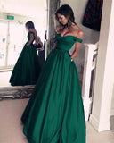 A Line Off The Shoulder Simple Green Long Cheap Prom Dress With Pockets OKH21