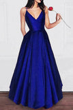 Charming A Line V Neck Satin Spaghetti Straps Long Prom Dresses,Girls Graduation Dresses OKB29