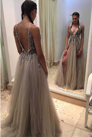 Backless Rhinestone tulle Deep V-neck Sexy prom dresses online, Long Split Prom Dress OK157