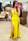 Mustard Yellow Lace-Up Belted Long Formal Evening Dress Sexy A Line Prom Dress OK1755