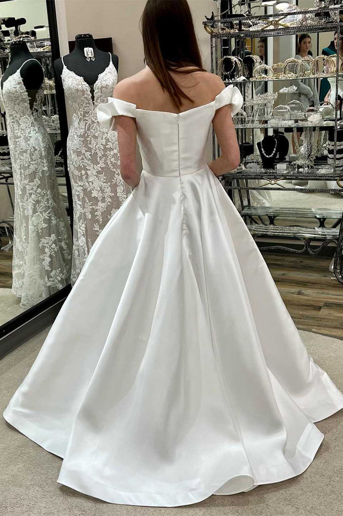 Off White Off-the-Shoulder Ruffled A-Line Satin Bridal Wedding Dress OK1568