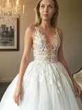 Elegant Sheer Round Neck Ivory Open Back Wedding Dress with Appliques Bridal Dress OK1014