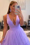 Multi-Tiered Lavender Plunge Neck A-Line Long Prom Dress Evening Party Dress OK1531