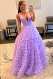 Multi-Tiered Lavender Plunge Neck A-Line Long Prom Dress Evening Party Dress OK1531