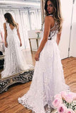 A-line White Lace V-neck Sleeveless Evening Prom Dress With Sweep Train OK585