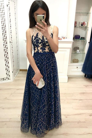 A Line Dark Blue Long Prom Dress, Sequins Sleeveless Evening Dress OKJ19