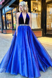 V Neck Backless Royal Blue Halter Prom Dress Long Beaded Formal Evening Dress OKT59