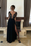 A-line Black Long Sleeve Chiffon Split Lace Prom Dresses,new Sexy Long Evening Dresses OK149
