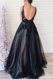 Spaghetti Straps Black V Neck Backless Tulle Prom Dress With Applique OKU3
