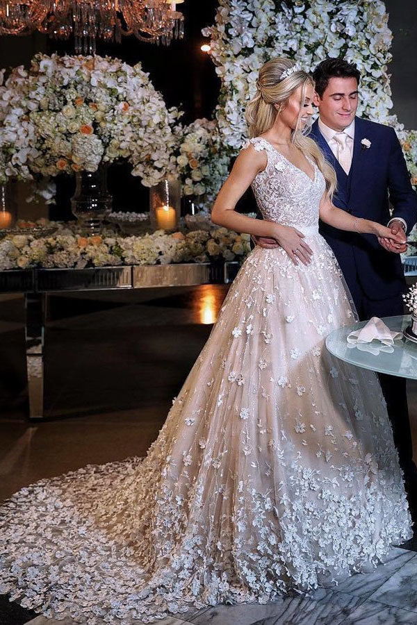 Elegant A-Line V-Neck Sweep Train Ivory Wedding Dresses with Appliques OKM26