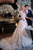 Elegant A-Line V-Neck Sweep Train Ivory Wedding Dresses with Appliques OKM26