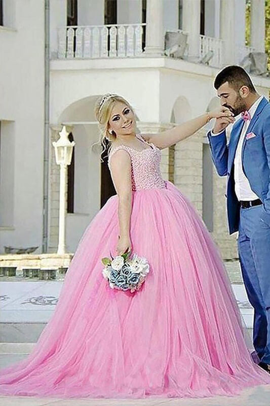 Pink Tulle Sweetheart Beading Sleeveless Ball Gowns Long Plus Size Prom Dress OK665