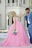 Pink Tulle Sweetheart Beading Sleeveless Ball Gowns Long Plus Size Prom Dress OK665