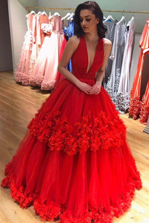 Charming Deep V Neckline Layered Tulle Red Prom Dress Ball Gowns OK892