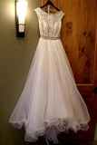 White Bateau Neck A-line Beading Organza Long Wedding Dress OK552