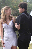 Shiny Light Grey V-Neck Short Homecoming Dresses With Straps Sweet 16 Dreses OK1454