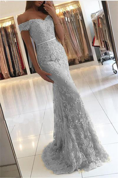 Off the Shoulder Mermaid Lace Gray Prom Dresses,New Evening Gowns,Formal Dress OK579