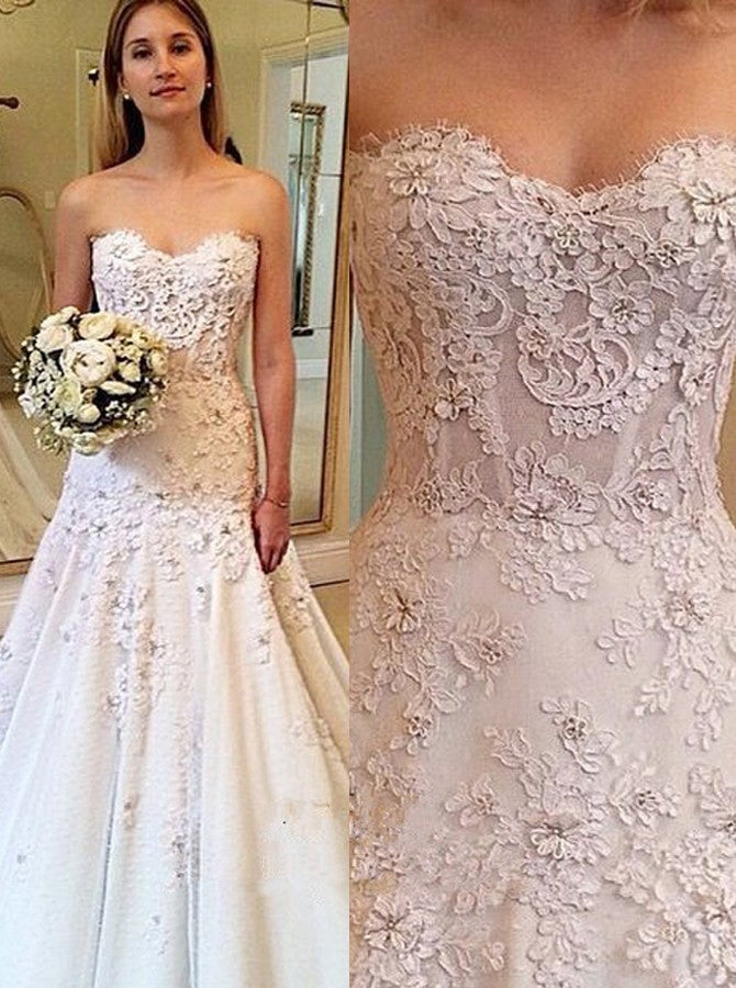 Charming Sweetheart Sweep Train A Line Long Wedding Dresses with Lace Appliques OKB10