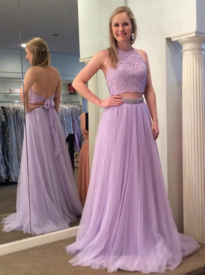 Two Piece Halter Backless Tulle Lavender Prom Dresses with Lace Beading OKI75