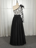 A-Line One-Shoulder Black Long Lace Appliqued Split Prom Dresses with Pockets OKJ11