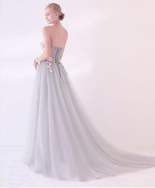 Grey Long Applique Tulle Evening Dresses Sweetheart Formal Prom Dress OK874
