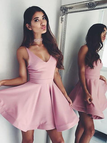 A Line V Neck Mini Cheap Backless Cute Homecoming Dress OKB64
