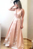 Elegant A Line Deep V Neck Long Satin Formal Evening Prom Dresses With Lace OKG2