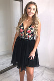 Black Floral A Line V Neck Cheap Chiffon Short Prom Dress OKB86