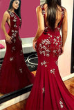 Elegant Burgundy Mermaid Backless Prom Dress With Appliques OKH22