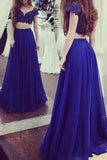 Charming Royal Blue Two Pieces Short Sleeves Lace Top Long Prom Dresses OKE63