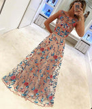 Unique Floral Embroidery Long A Line Prom Dress Evening Dresses OK936