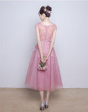 Elegant Lace Appliques Beaded A-line See Through Tea Length Homecoming Dress OKC10