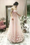 Pink Prom Gown,Tulle Prom Dress,A Line Prom Gown,Off the Shoulder Prom Dresses,Flowers Prom Dress