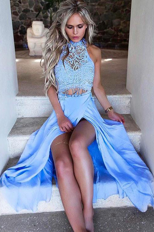 High Neck Two-Piece Blue Split Front Long Prom Dresses With Lace OK674