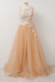 A Line Round Neck Tulle Long Prom Dress with Lace Appliques OKU29