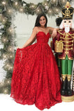 Princess A Line Sweetheart Strapless Red Lace Long Prom Dresses OK760